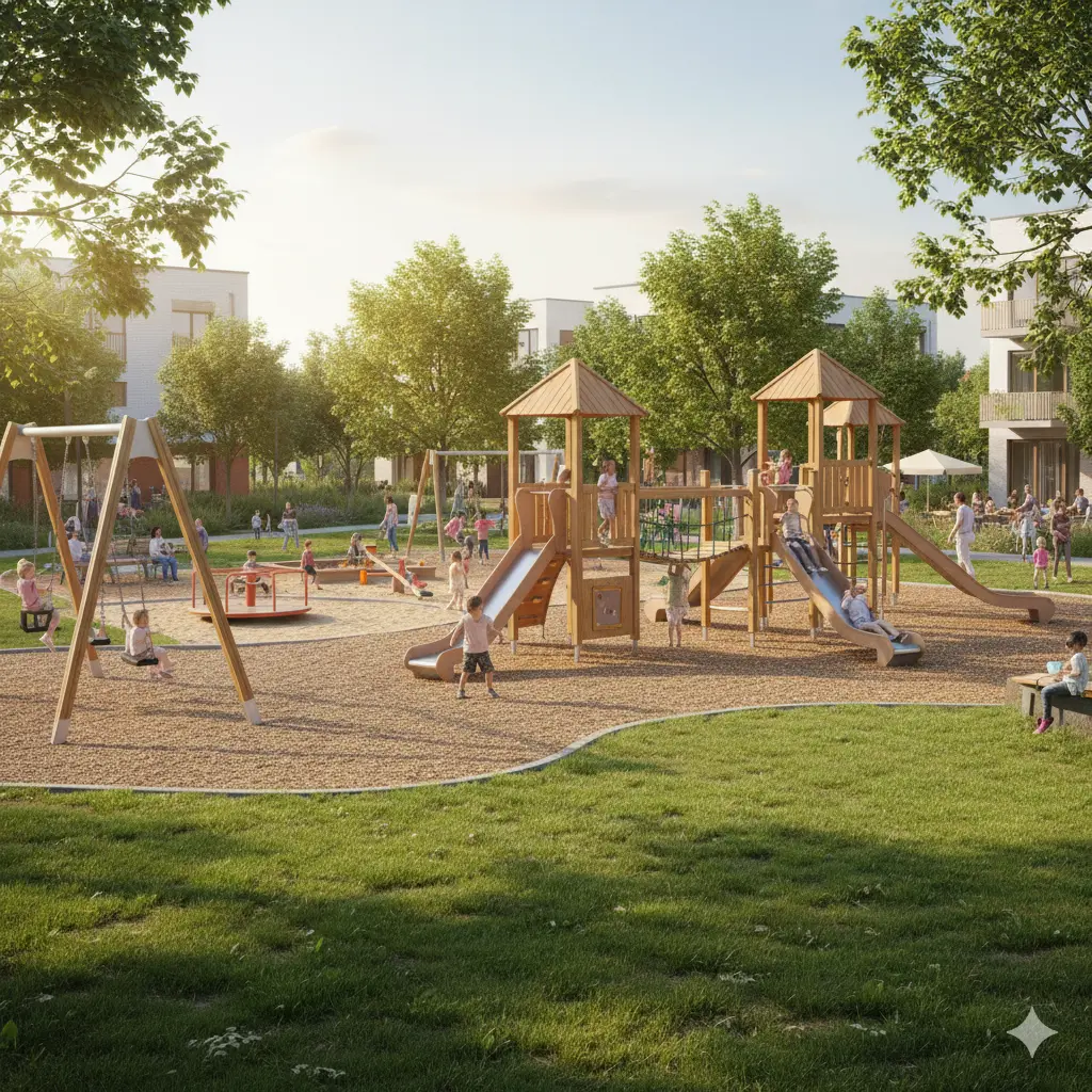 Spielplatz im Park am Gleisdreieck mit Schatten und Wasserspiel